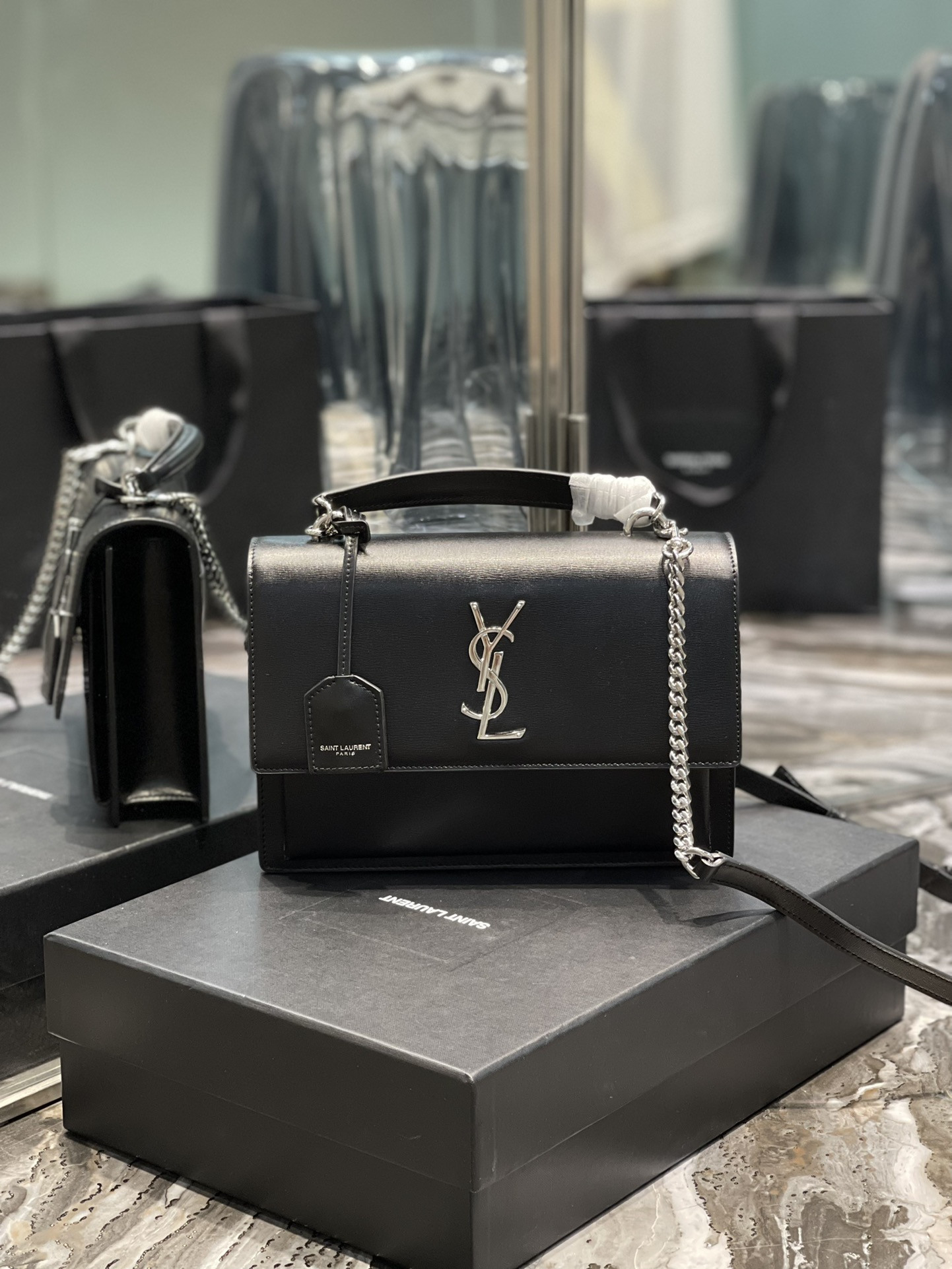 Ysl Sunset Medium Top Handle In Smooth Leather